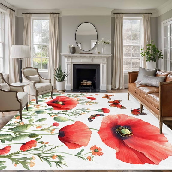 8'x10' Area Rugs, Red Spring Floral Indoor Outdoor Area Rug for Living Room Bedroom, Pastoral Butterfly Botanical Summer Washable Bathroom Rugs Kitchen Floor Carpet Mats Home Decor Aesthetic
