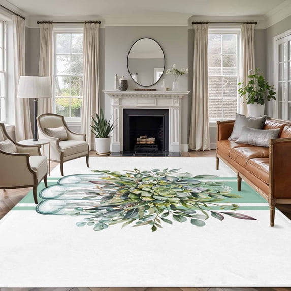 8'x10' Area Rugs, Sage Green Eucalyptus Leaves Indoor Outdoor Area Rug for Living Room Bedroom, Pastoral Summer Botanical Elegant Washable Bathroom Rugs Kitchen Floor Carpet Mats Home Decor Aesthetic