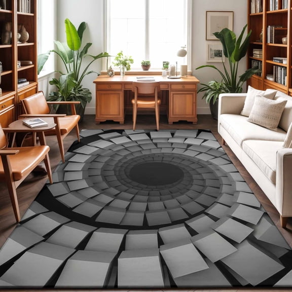 8'x10' Area Rugs, Spiral Grey Indoor Outdoor Area Rug for Living Room Bedroom, Block Vortex Optical Illusion Modern Washable Bathroom Rugs Kitchen Floor Carpet Mats Home Decor Aesthetic