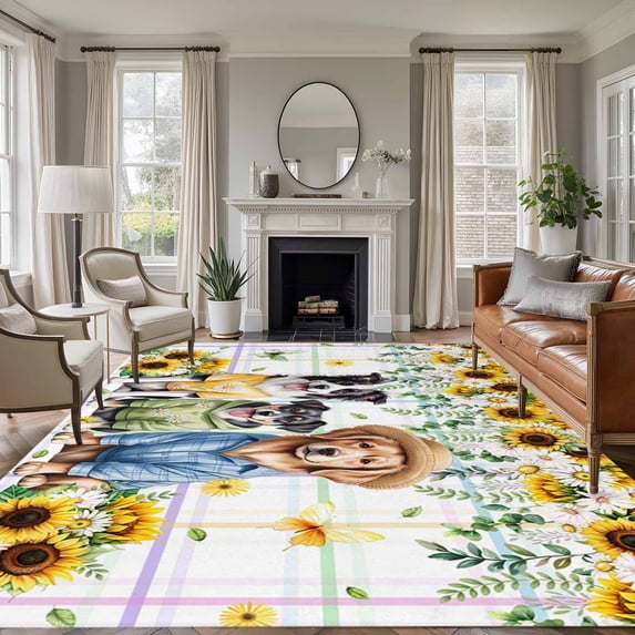 8'x10' Area Rugs, Spring Dog Indoor Outdoor Area Rug for Living Room Bedroom, Sunflower Daisy Botanical Watercolor Washable Bathroom Rugs Kitchen Floor Carpet Mats Home Decor Aesthetic