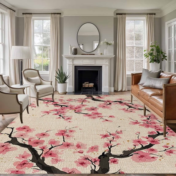 8'x10' Area Rugs, Spring Flowers Indoor Outdoor Area Rug for Living Room Bedroom, Country Pink Peach Blossoms Botanical Floral Washable Bathroom Rugs Kitchen Floor Carpet Mats Home Decor Aesthetic