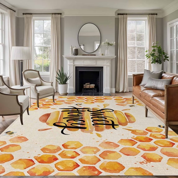 8'x10' Area Rugs, Spring Honey Bee Indoor Outdoor Area Rug for Living Room Bedroom, Watercolor Bee Farmhouse Washable Bathroom Rugs Kitchen Floor Carpet Mats Home Decor Aesthetic