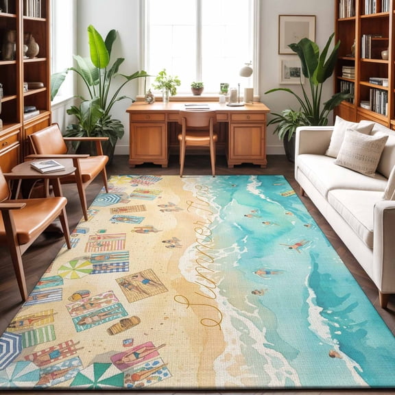 8'x10' Area Rugs, Summer Beach Time Indoor Outdoor Area Rug for Living Room Bedroom, Ocean Waves Leisure Time Sandy Washable Bathroom Rugs Kitchen Floor Carpet Mats Home Decor Aesthetic