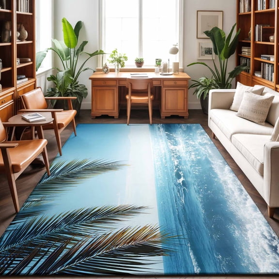 8'x10' Area Rugs, Summer Palm Tree Indoor Outdoor Area Rug for Living Room Bedroom, Coastal Beach Waves Sunshine Tropical Plants Washable Bathroom Rugs Kitchen Floor Carpet Mats Home Decor Aesthetic