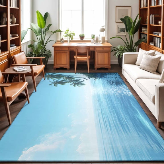 8'x10' Area Rugs, Summer Palm Tree Indoor Outdoor Area Rug for Living Room Bedroom, Coastal Waves Sunshine Tropical Plants Washable Bathroom Rugs Kitchen Floor Carpet Mats Home Decor Aesthetic