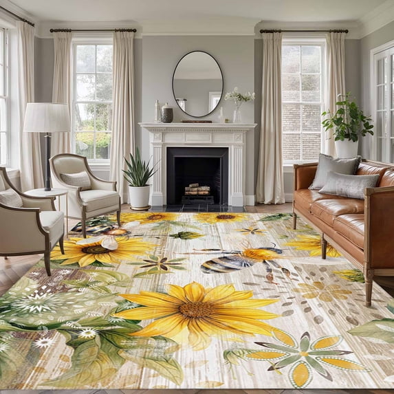 8'x10' Area Rugs, Sunflower Indoor Outdoor Area Rug for Living Room Bedroom, Vintage Summer Bee Botanical Farmhouse Washable Bathroom Rugs Kitchen Floor Carpet Mats Home Decor Aesthetic
