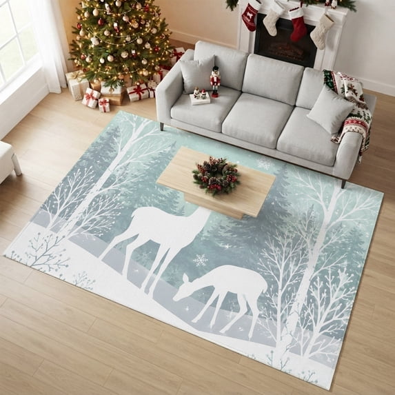 8'x10' Area Rugs, Teal Christmas Indoor Outdoor Area Rug for Living Room Bedroom, Xmas Elk Tree Snowflake Washable Bathroom Rugs Kitchen Floor Carpet Mats Home Decor