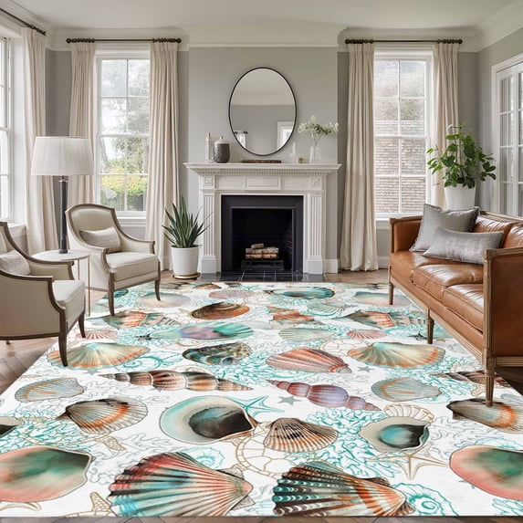 8'x10' Area Rugs, Teal Coastal Indoor Outdoor Area Rug for Living Room Bedroom, Summer Beach Conch Shell Nautical Ocean Washable Bathroom Rugs Kitchen Floor Carpet Mats Home Decor Aesthetic