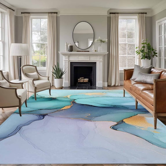 8'x10' Area Rugs, Teal Marble Indoor Outdoor Area Rug for Living Room Bedroom, Modern Ink Painting Abstract Art Washable Bathroom Rugs Kitchen Floor Carpet Mats Home Decor Aesthetic
