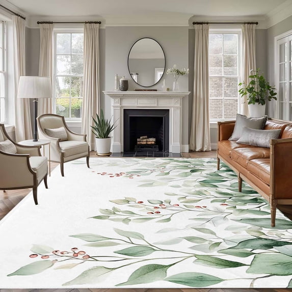 8'x10' Area Rugs, Teal Summer Eucalyptus Leaves Indoor Outdoor Area Rug for Living Room Bedroom, Spring Floral Botanical Washable Bathroom Rugs Kitchen Floor Carpet Mats Home Decor Aesthetic