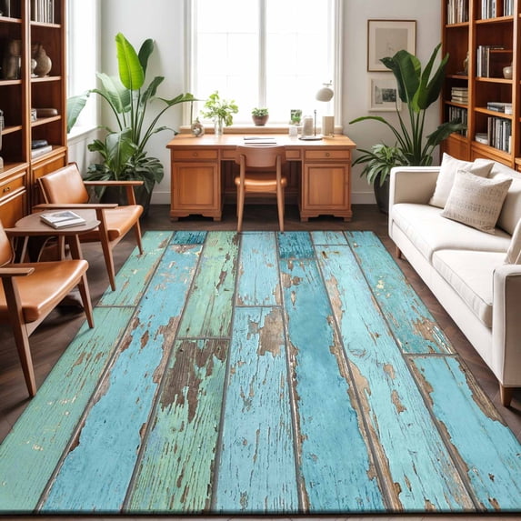 8'x10' Area Rugs, Turquoise Farmhouse Indoor Outdoor Area Rug for Living Room Bedroom, Vintage Teal Wooden Washable Bathroom Rugs Kitchen Floor Carpet Mats Home Decor Aesthetic