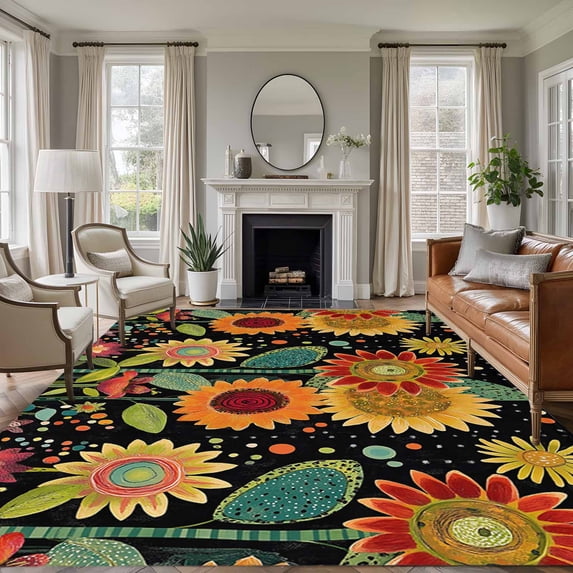 8'x10' Area Rugs, Vintage Sunflower Indoor Outdoor Area Rug for Living Room Bedroom, Black Boho Ethnic Summer Botanical Washable Bathroom Rugs Kitchen Floor Carpet Mats Home Decor Aesthetic