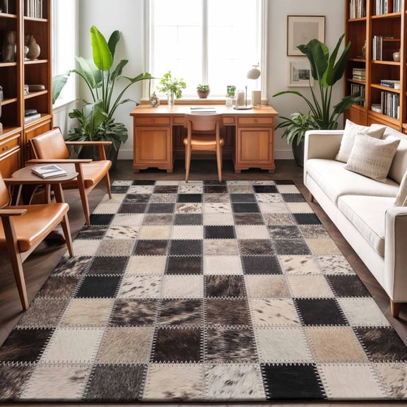 8'x10' Area Rugs, Western Cow Print Indoor Outdoor Area Rug for Living Room Bedroom, Farmhouse Cowhide Plaid Checkered Brown Washable Bathroom Rugs Kitchen Floor Carpet Mats Home Decor Aesthetic