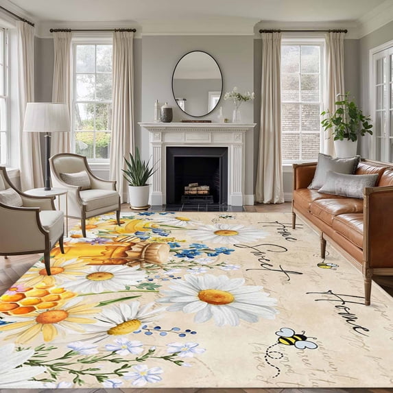 8'x10' Area Rugs, White Daisy Indoor Outdoor Area Rug for Living Room Bedroom, Spring Floral Bees Elegant Pastoral Botanical Washable Bathroom Rugs Kitchen Floor Carpet Mats Home Decor Aesthetic