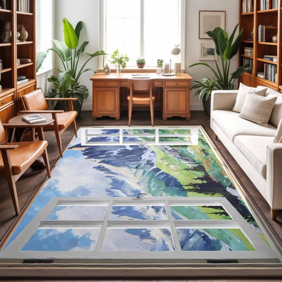 8'x10' Area Rugs, Window Mountain View Indoor Outdoor Area Rug for Living Room Bedroom, Nature Scenic Lush Alpine Valley Washable Bathroom Rugs Kitchen Floor Carpet Mats Home Decor Aesthetic