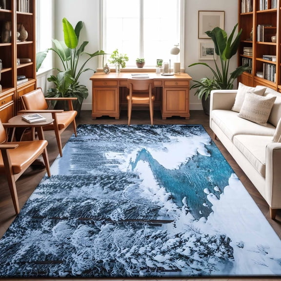 8'x10' Area Rugs, Winter Snowy River Indoor Outdoor Area Rug for Living Room Bedroom, Nature Pine Trees Forest Snowy Scenery Washable Bathroom Rugs Kitchen Floor Carpet Mats Home Decor Aesthetic