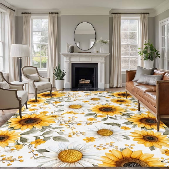 8'x10' Area Rugs, Yellow Sunflower Indoor Outdoor Area Rug for Living Room Bedroom, Spring Summer Floral Farmhouse Washable Bathroom Rugs Kitchen Floor Carpet Mats Home Decor Aesthetic