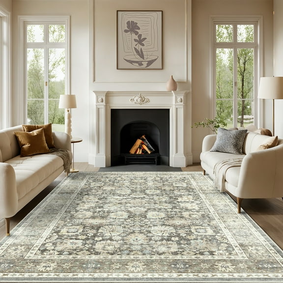8'x10' Area Rugs for Living Room Vintage Indoor Rug Low Pile Non Slip Carpet for Bedroom Dining Room Office Home Decor, Gray