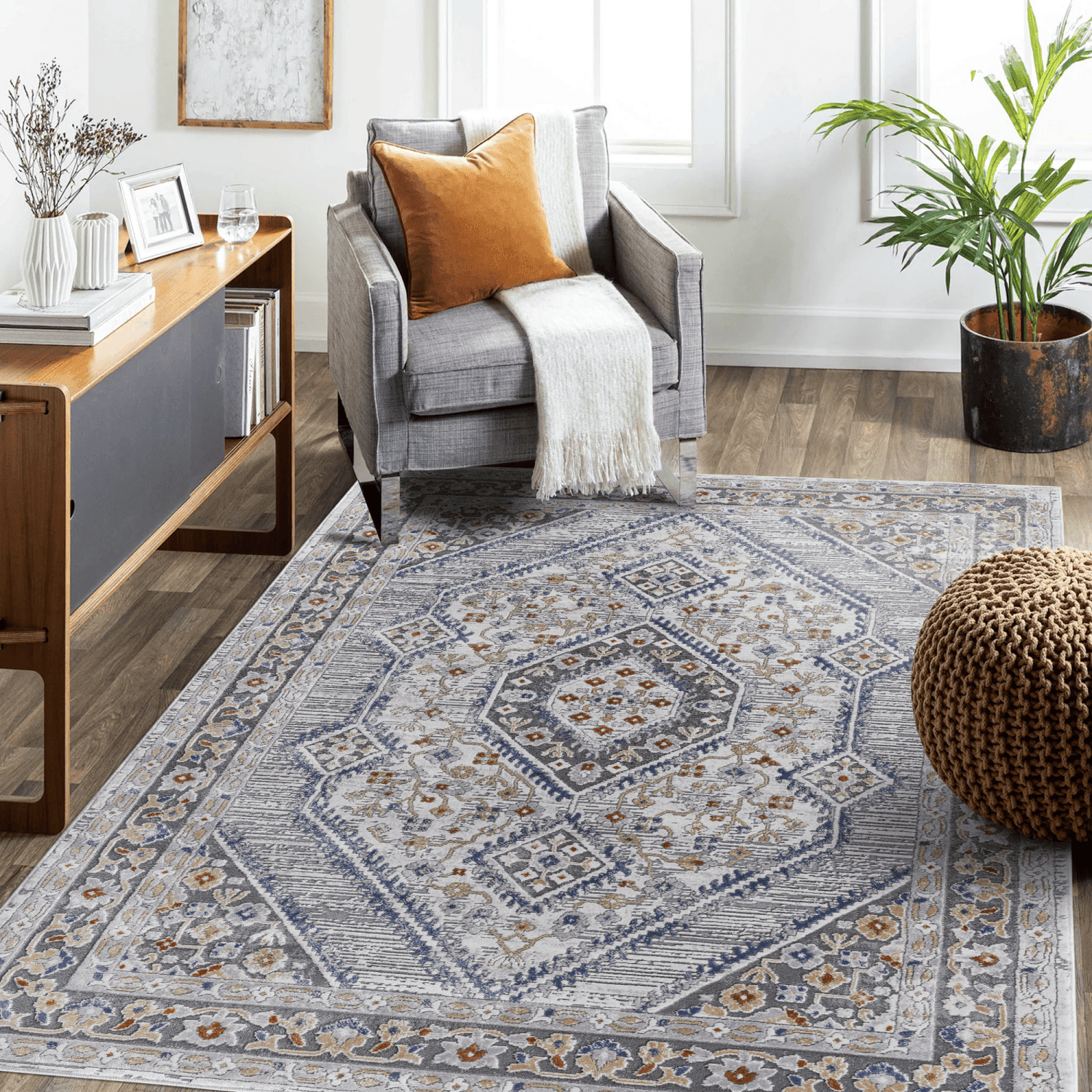8'x10' Blue/Cream Bordered Area Rug, Non-Shedding Stain Resistant Medium Pile Rug, Kid & Pet Friendly for Living Room Bedroom Dining Room Office