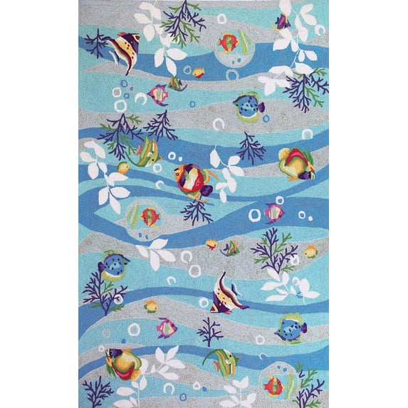 8'x10' Blue Hand Hooked Marine Life Indoor Area Rug