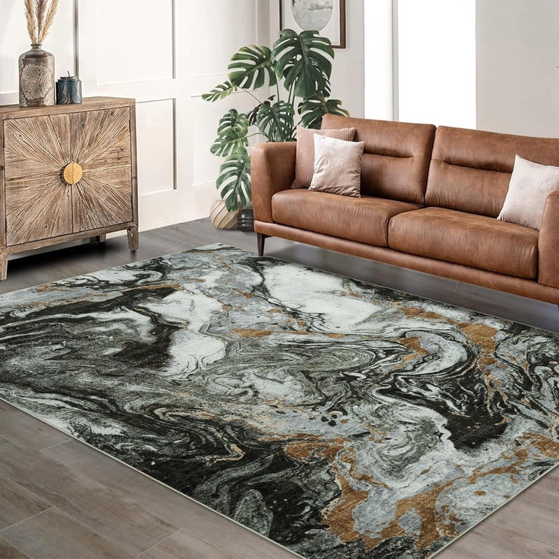 8'x10' Boho Vintage Area Rug – Soft Modern Abstract Design, Machine Washable Non-Slip Carpet for Living Room, Farmhouse, Kids Room & Dining Room Dark Green
