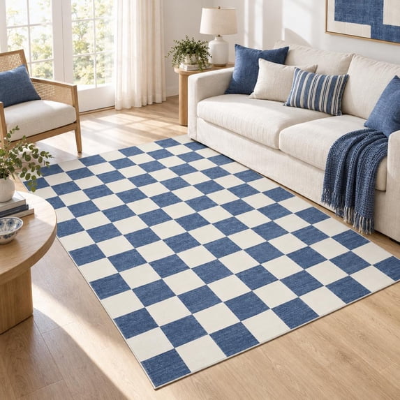 8'x10' Checkerboard Machine Washable Area Rug, Stain Resistant Non-Slip ...