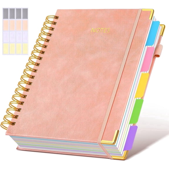 8"x10" Large B5 Hardcover Spiral Notebook - 300 Pages Leather 5 Subject Journal with Removable Dividers Tabs, College Ruled Lined Notebook for Work and School (Pink)