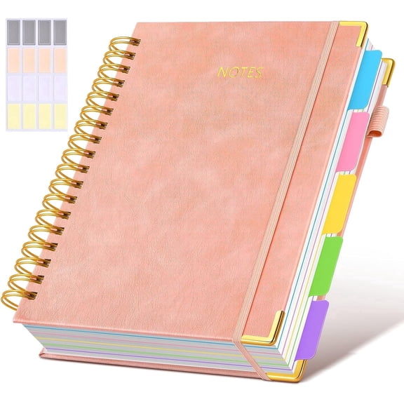 8"x10" Large B5 Hardcover Spiral Notebook - 300 Pages Leather 5 Subject Journal with Removable Dividers Tabs, College Ruled Lined Notebook for Work and School (Pink)