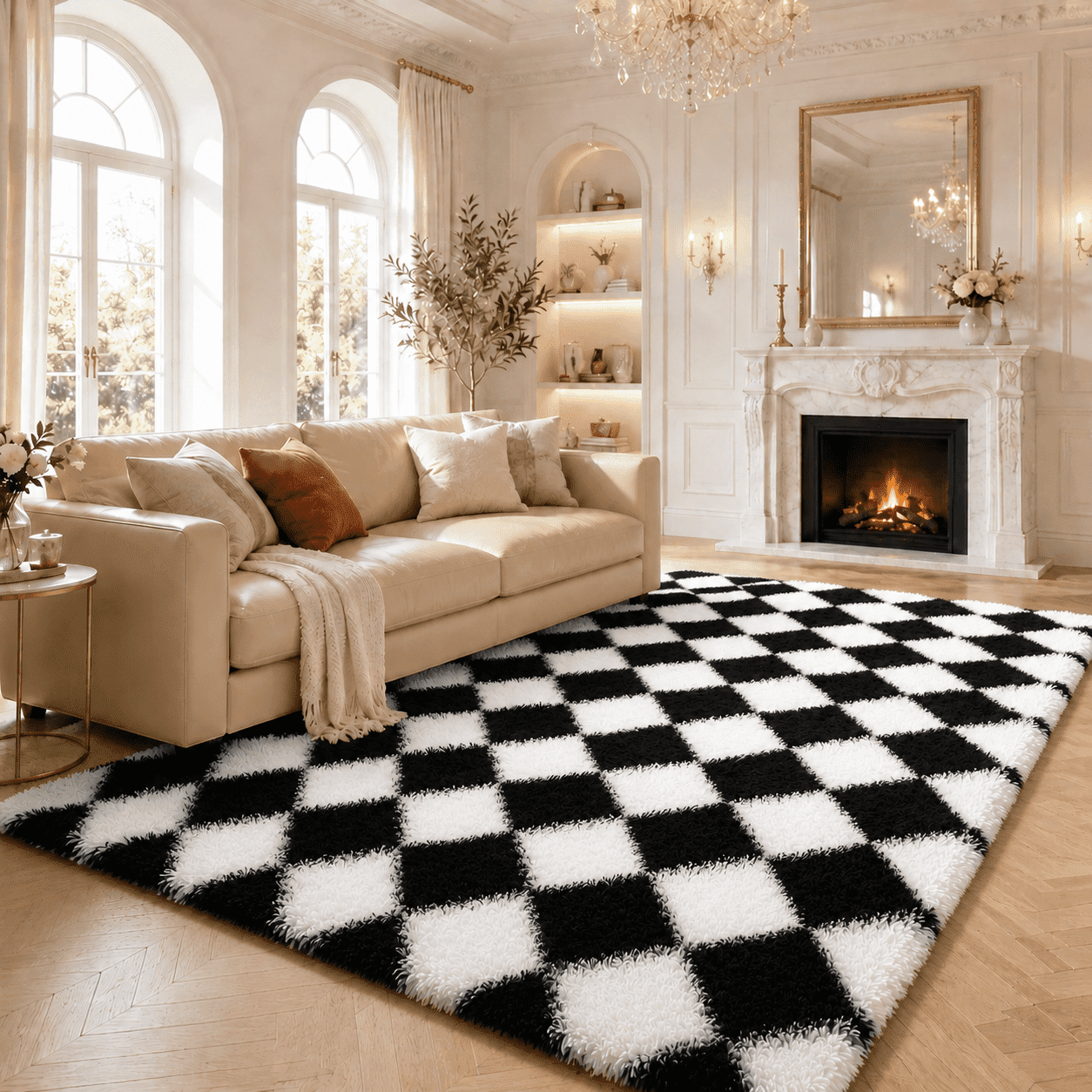 ZRSDIXK 8x10 Area Rugs for Living Room, Soft Fluffy Bedroom Rugs, Checkered Carpet, Black & White