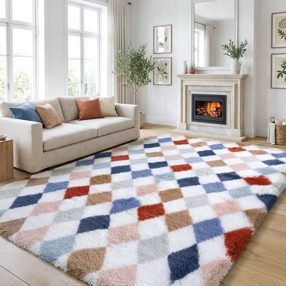 UNTIMATY 8'x10' Large Shag Area Rugs for Living Room Bedroom Dining Room Plush Pile Soft Checkered Fluffy Geometric Modern Indoor Carpets Rugs,Multicolor