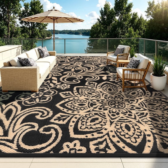 8'x10' Outdoor Rugs, MJIAexp Large RV Outdoor Mat, Reversible Outdoor Patio Rug, Plastic Straw Waterproof Area Camping Rug Modern Floor Mat for Patio, Backyard, Deck, Porch, Picnic, Beach, Black-Gold