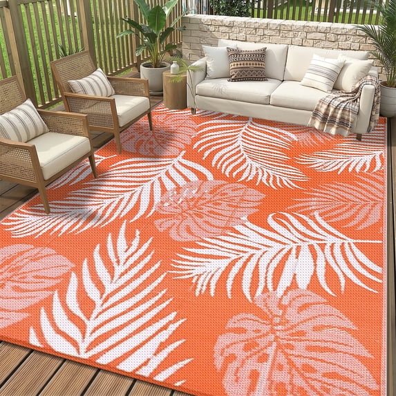 8'x10' Outdoor Rugs for Patios, Yamaziot Patio Rug RV Mats, Waterproof Reversible Plastic Straw Camping Rug for Deck Porch Balcony Beach Tropical, Orange