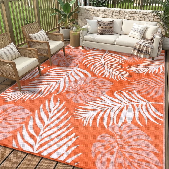 8'x10' Outdoor Rugs for Patios, Yamaziot Patio Rug RV Mats, Waterproof Reversible Plastic Straw Camping Rug for Deck Porch Balcony Beach Tropical, Orange
