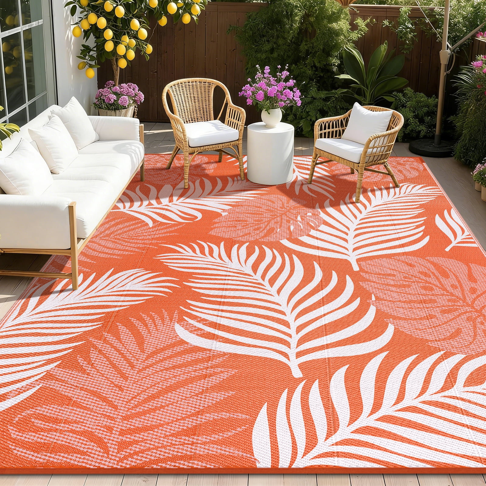 8'x10' Outdoor Rugs for Patios, Yamaziot Patio Rug RV Mats, Waterproof Reversible Plastic Straw Camping Rug for Deck Porch Balcony Beach Tropical, Orange