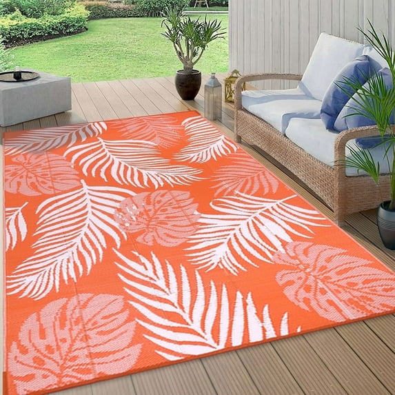 8'x10' Outdoor Rugs for Patios, Yamaziot Patio Rug RV Mats, Waterproof Reversible Plastic Straw Camping Rug for Deck Porch Balcony Beach Tropical, Orange