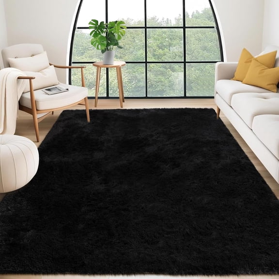 8'x10' Oversized Fluffy Area Rug, Tie-Dye Luxury Shag Carpet for Living Room, Large Fuzzy Plush Rug for Basement & Family Room, Non-Slip, Bedroom Decor, Black