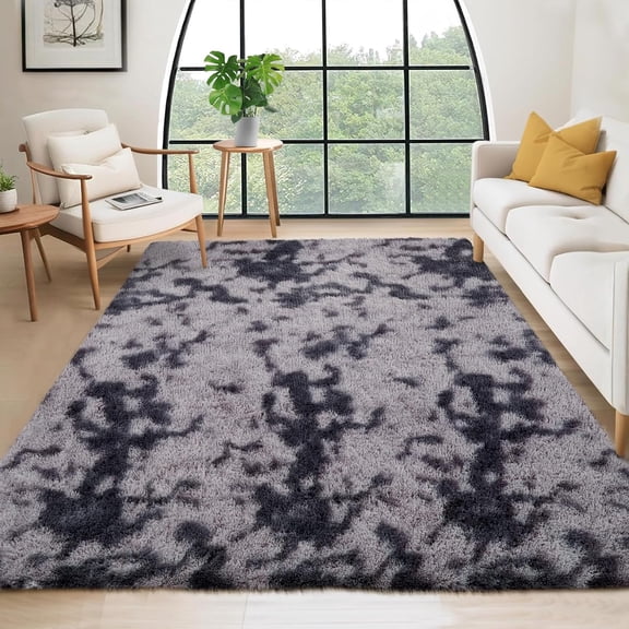 8'x10' Oversized Fluffy Area Rug, Tie-Dye Luxury Shag Carpet for Living Room, Large Fuzzy Plush Rug for Basement & Family Room, Non-Slip, Bedroom Decor, Tie-Dyed Dark Grey