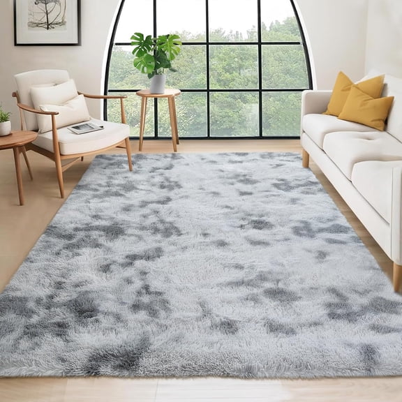 8'x10' Oversized Fluffy Area Rug, Tie-Dye Luxury Shag Carpet for Living Room, Large Fuzzy Plush Rug for Basement & Family Room, Non-Slip, Bedroom Decor, Tie-Dyed Light Grey
