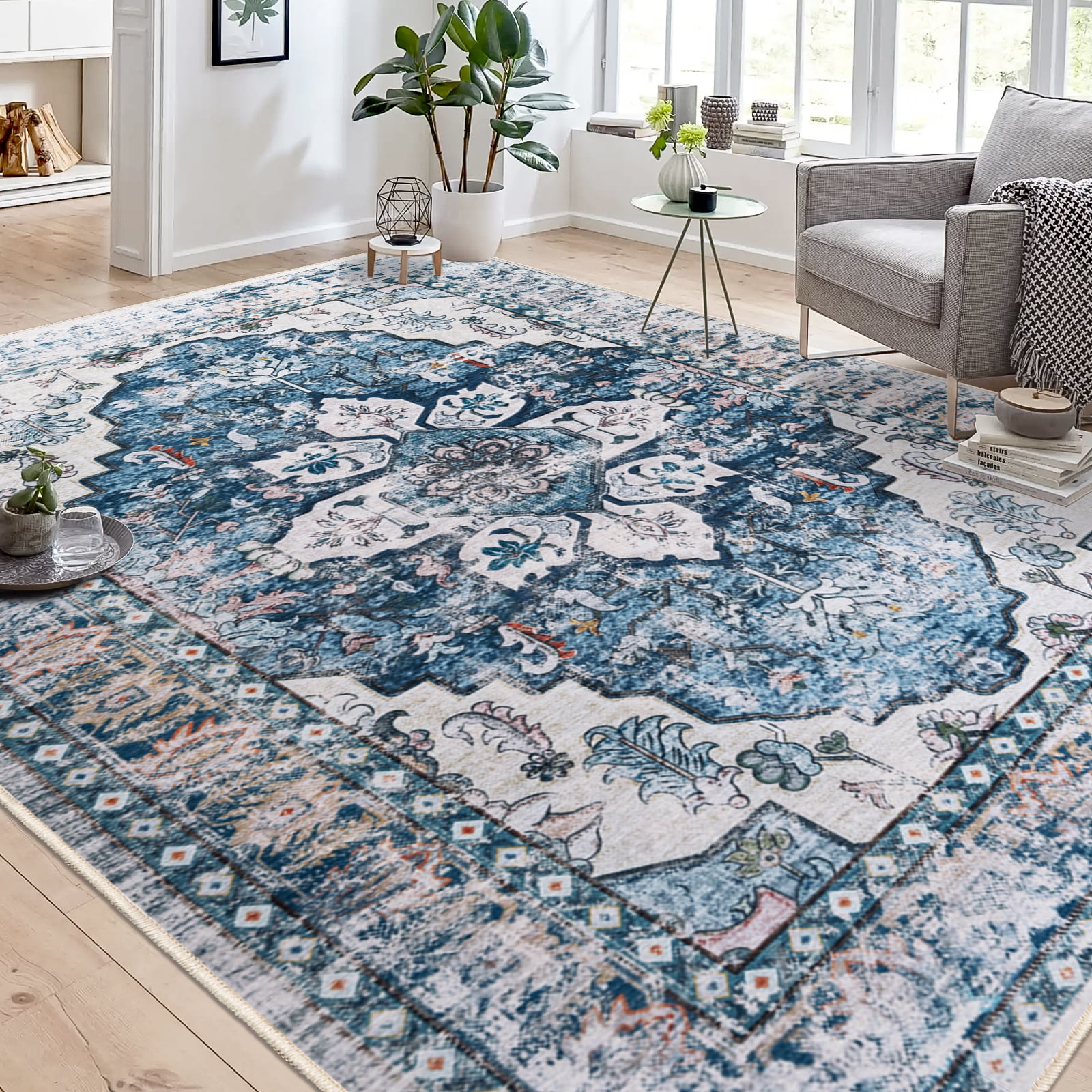 Navy Blue 8' x 10' Vintage Washable Chenille Area Rug