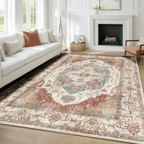 8'x10' Vintage Area Rug for Living Room,Non-Slip Machine Washable Carpet,Low-Pile Soft Rug for Bedroom Dormitories Kitchen Entryway,Brick