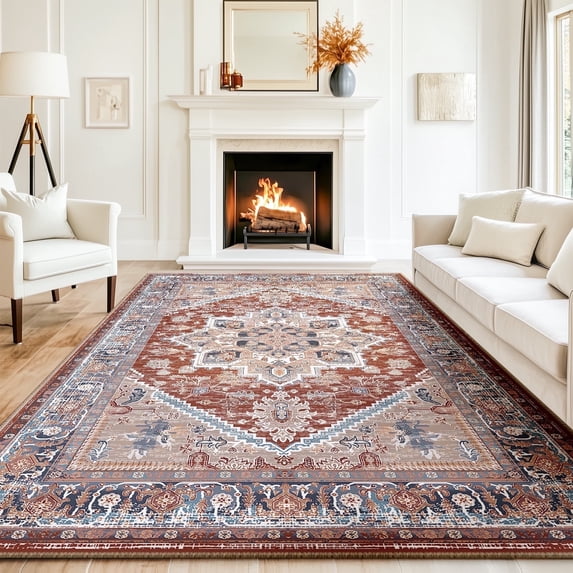 8'x10' Area Rugs, Machine Washable Non Slip Area Rug for Living Room, Soft Low Pile Vintage Print Pattern Indoor Bedroom Thin Carpet, Brick Red