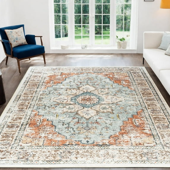 8'x10' Vintage Area Rugs,Soft Washable Distressed Thin Rugs for Living Room Bedroom,Non-Slip Foldable Indoor Carpet,Brick Red