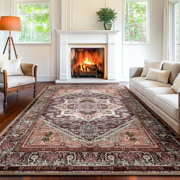 8'x10' Vintage Area Rugs,Soft Washable Distressed Thin Rugs for Living Room Bedroom,Non-Slip Foldable Indoor Carpet,Burgundy