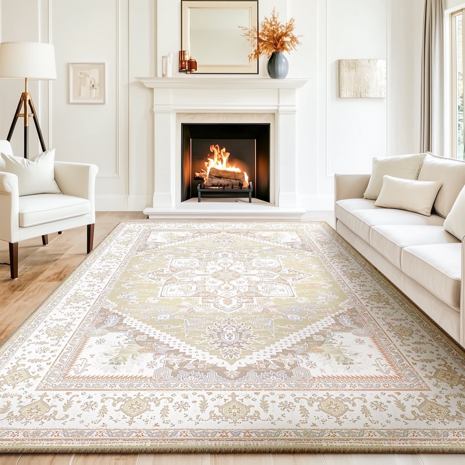 8'x10' Area Rugs, Machine Washable Non Slip Area Rug for Living Room, Soft Low Pile Vintage Print Pattern Indoor Bedroom Thin Carpet, Cream