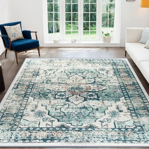 8'x10' Vintage Area Rugs,Soft Washable Distressed Thin Rugs for Living Room Bedroom,Non-Slip Foldable Indoor Carpet,Dark Green