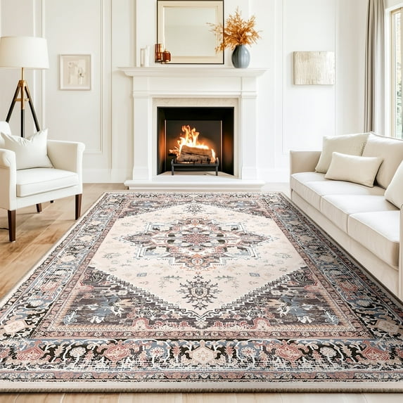 8'x10' Area Rugs, Machine Washable Non Slip Area Rug for Living Room, Soft Low Pile Vintage Print Pattern Indoor Bedroom Thin Carpet, Khaki