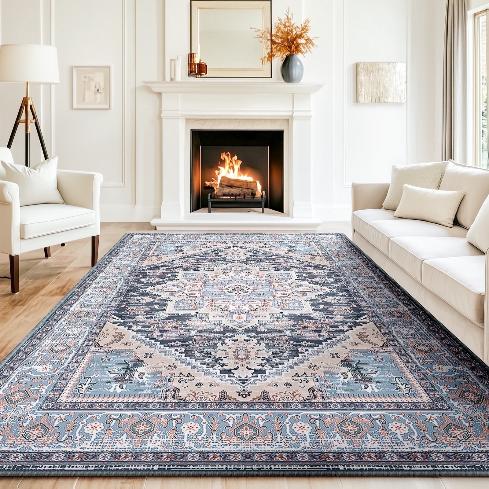 8'x10' Area Rugs, Machine Washable Non Slip Area Rug for Living Room, Soft Low Pile Vintage Print Pattern Indoor Bedroom Thin Carpet, Navy Blue