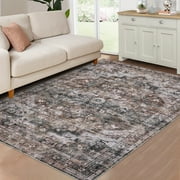 10'x13' Vintage Distressed Machine Washable Area Rug, Traditional Medallion Floral Non-Slip Low Pile Accent Carpet, Stain Resistant Rug for Living Room, Bedroom, Home Decor, Blue & Brown