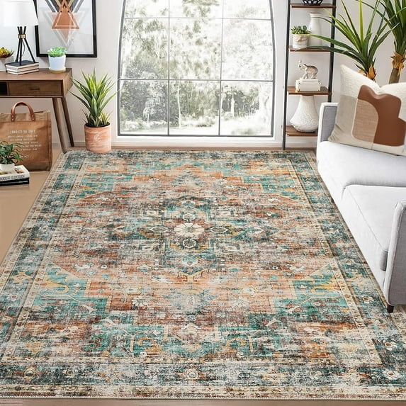 8'x10' Vintage Distressed Machine Washable Area Rug, Traditional Medallion Floral Non-Slip Low Pile Accent Carpet, Stain Resistant Rug for Living Room, Bedroom, Home Decor, Green & Brown