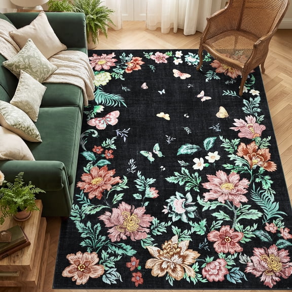 8'x10' Washable Area Rug, Soft Floral Low-Pile Carpet with No-Slip Backing, Stain-Resistant Foldable Rug for Living Room, Bedroom, Dining Room, Black